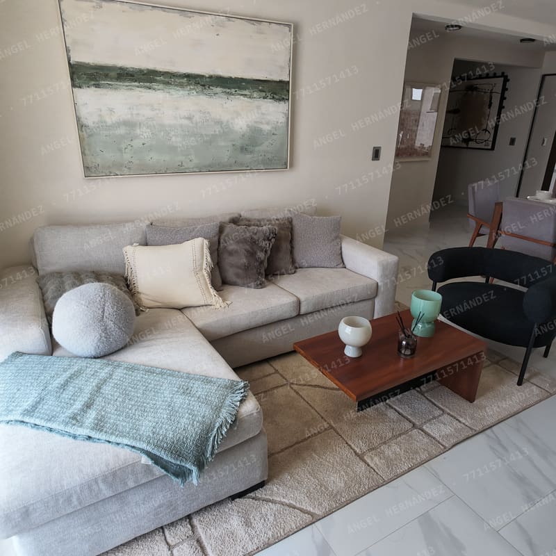Sala con iluminación natural y decoración en casa muestra Creta Planta Baja, Basalto, Pachuca