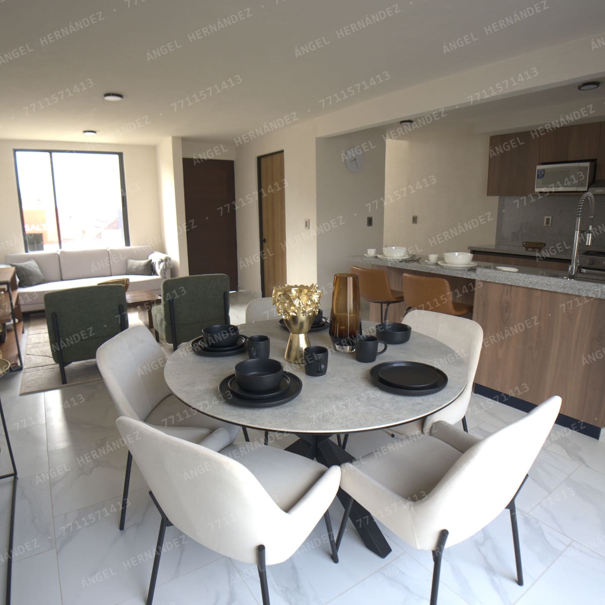 Comedor integrado a la cocina y la sala en casa muestra Recinto, Basalto