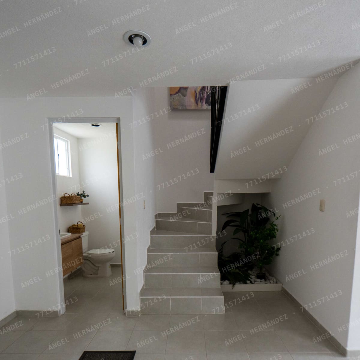 Escalera y acceso a medio baño en planta baja de modelo Niza
