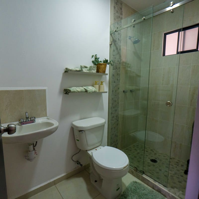 Baño completo con lavabo y regadera en departamento Tulle, San Luis III